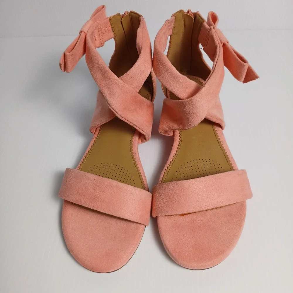Comfortview Pink Faux Suede Bow Ankle Strap Wedge Sandals Women 7.5W